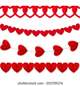 Red seamless paper garlands from hearts Valentine isolated on white  background