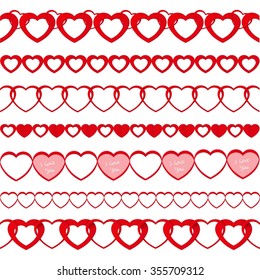 Red seamless paper garlands from hearts set isolated on white background