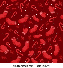 Red Seamless Pattern Background Decorated With Socks, Gloves, Candy Cane And Snowflakes.