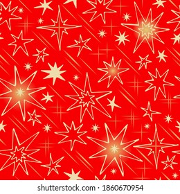 Red seamless pattern with beautiful gold stars. Vector illustration. wrapping paper.