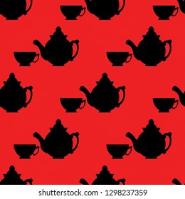 Red seamless pattern with black silhouettes of a teapot and cups for tea