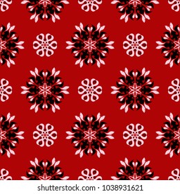 Red seamless pattern with black and white floral design. Wallpaper background
