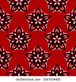 Red seamless pattern with black and white floral design. Wallpaper background