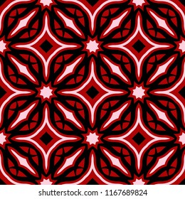 Red seamless pattern with black and white floral design. Wallpaper background
