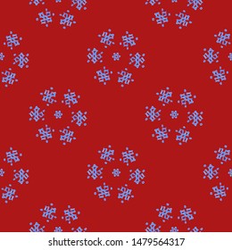 Red seamless pattern with blue snowflakes. Hand drawn festive background for Christmas, New Year holidays design, fashion, wraps gifts, textile, fabric, decor. Bright magic snow backdrop