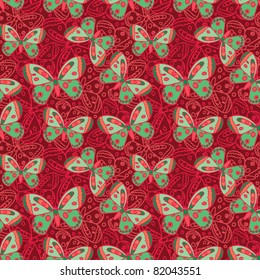red seamless pattern with butterflies