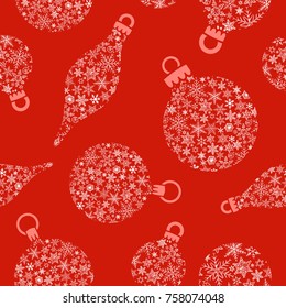 Red seamless pattern with Christmas balls made of snowflakes. Vector illustration 