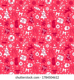 Patrón rojo sin costuras con los símbolos navideños de un ciervo y un árbol de abetos. Fondo vectorial de Navidad.
