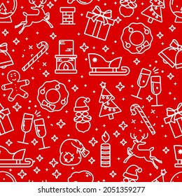 Red seamless pattern with Christmas symbols icons