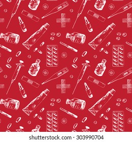Red seamless pattern with different medicine items