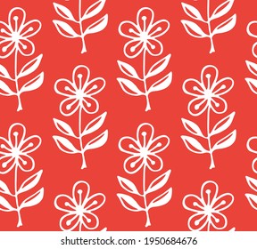 Red seamless pattern with doodle white flowers and leaves. Simple floral background