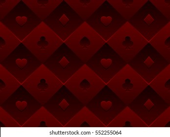 Red seamless pattern fabric poker table. Minimalistic casino vector 3d background with texture composed from volume card symbol