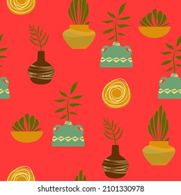  red seamless pattern floral. vase and plants in terra cotta colors. boho vector for home decor ,textile,paper,wallpaper