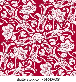 Red seamless pattern with flowers in oriental style. Vector illustration.