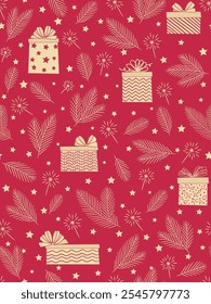 red seamless pattern with gold Christmas symbols. Christmas tree, gift, stars, golden tinsel confetti on a red background. Hand made vector pattern.

