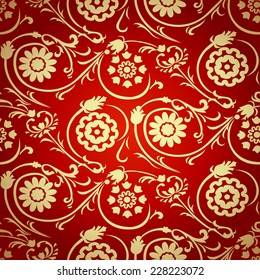 Red Seamless Pattern With Gold Floral Motifs.