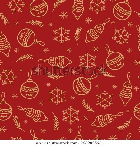 Red seamless pattern with golden Christmas decorations. Festive winter background with decorative balls, snowflakes and pine branches for holiday card, packaging. Vector.