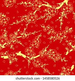 Red seamless pattern with golden flowering tree branches. Endless texture decoration with line yellow flowers and flying petals. Vector outlined illustration.
