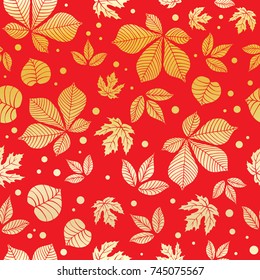 Red seamless pattern with golden leaves