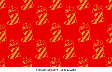 Red seamless pattern with golden socks or boots and candy canes.  Vector graphic illustration for Merry Christmas and Happy New Year.