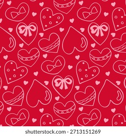 Red seamless pattern with hand-drawn hearts and bows. Love and romance concept for decorating and wrapping gifts for Valentine's Day, weddings, or anniversaries. Vector.