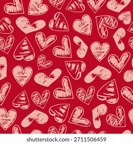 Patrón rojo sin fisuras con corazones texturizados de color rosa dibujados a mano. Un elemento de diseño decorativo para el día de San Valentín o bodas, adecuado para Fondo de pantalla, tela o tarjetas de felicitación. Vector.