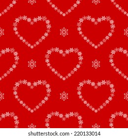 Red seamless pattern with hearts made of snowflakes. 