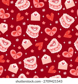 Padrão vermelho sem emenda com um bolo em forma de coração, envelope e flores. Um belo fundo romântico para embrulhar papel, têxteis, ou cartões de felicitações. Vetor.