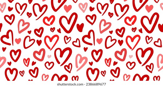 Red seamless pattern illustration, Valentine's day holiday backdrop texture. Red hearts background  hand drawing print, cute hearts.