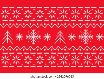 Red seamless pattern. Imitation of a knitted texture in the Scandinavian folk style.Happy New Year, merry Christmas and winter concept with snowflakes and christmas tree.