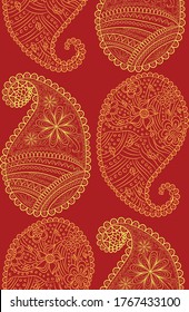 Red seamless pattern with Indian ornament. Turkish cucumber.