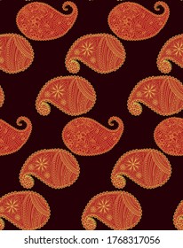 Red seamless pattern with Indian ornament. Turkish cucumber.