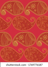 Red seamless pattern with Indian ornament. Turkish cucumber.