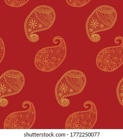 Red seamless pattern with Indian ornament. Turkish cucumber.
