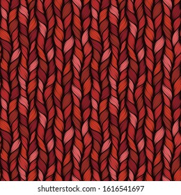  Red seamless pattern with interweaving of braids. Abstract ornamental background in form of a knitted fabric. Stylized textured yarn or hairstyle close-up