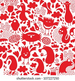 red seamless pattern with little funny monsters, monochrome background