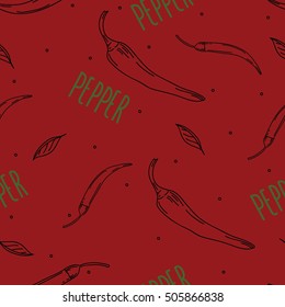 Red seamless  pattern with peppers.
Peppers on red background with green leaves.