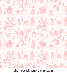 Red seamless pattern with plant in pot. Monstera, cactus and succulent on pink background. Vector illustration.