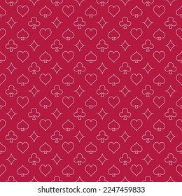 Red Seamless Pattern with Playing Card Suits - vector Poker Games concept linear background 