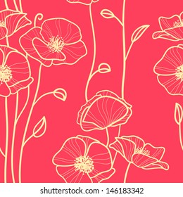 Red Seamless pattern with poppy. Floral background wallpaper. Flower ornament good for web, print and wrapping paper.