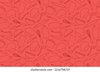 red seamless pattern restaurant, kitchen, cooking utensils icons-great for wrapping, menu, textile, wallpaper, greeting card- vector illustration
