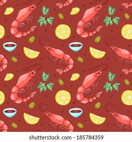 Red seamless pattern with shrimps. Vector cute cartoon background.