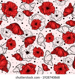 Red seamless pattern with sketch poppies.Repetitive floral background with garden flowers for spring and summer. 