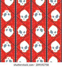 Red seamless pattern with skulls and bones. Vector illustration.