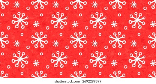 Patrón rojo sin fisuras con copos de nieve dibujados con lápices de tiza. Fondo acogedor del invierno con los iconos blancos del garabato con la textura del crayón, impresión para la decoración de la Navidad, papel de embalaje. Ilustración vectorial