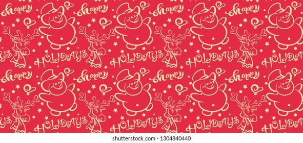 Red seamless pattern with snowman and deer. Vector image
