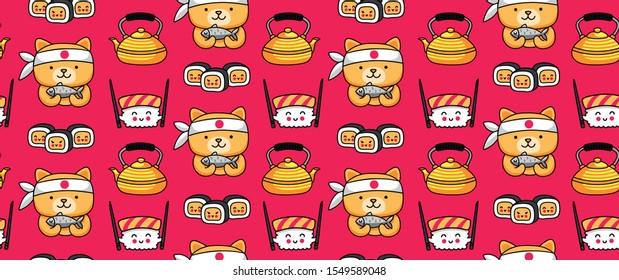 Red seamless pattern with sushi, kettle, tea and chef dog, holding fish. Japanese background. Cartoon vector illustration.