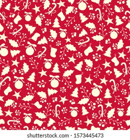 Red seamless pattern of various christmas decorations