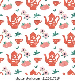 The red seamless pattern is in a vector illustration. This strawberry, chamomile tea print, and texture