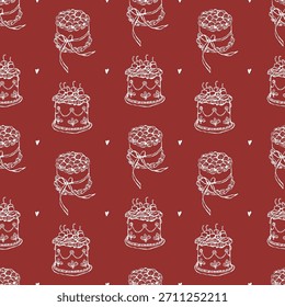 Red seamless pattern with a whimsical illustration of a cake and hearts. Hand-drawn line sketches of cakes for weddings, Valentines Day, birthdays, and parties. Vector outline illustration